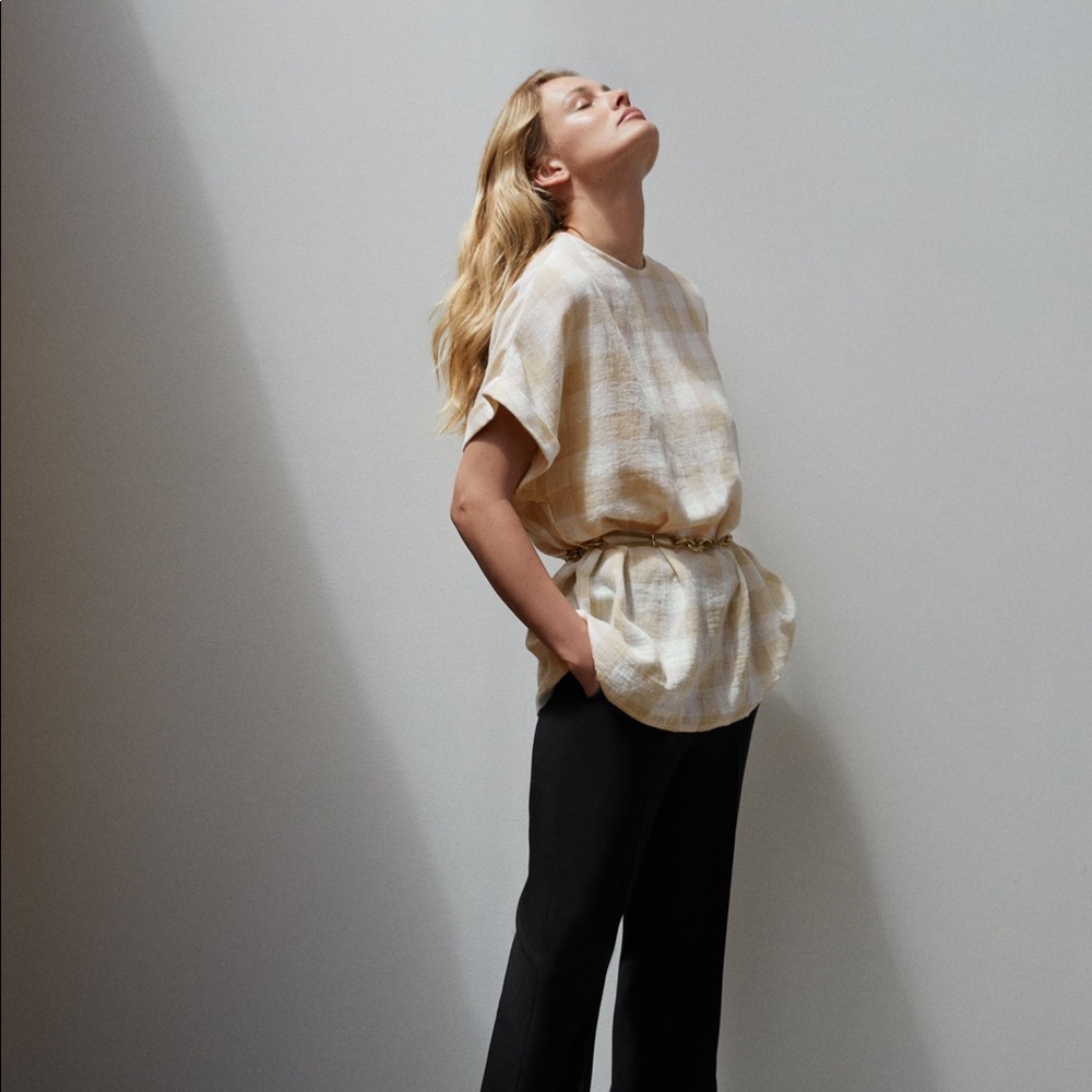Belted plaid oversize blouse